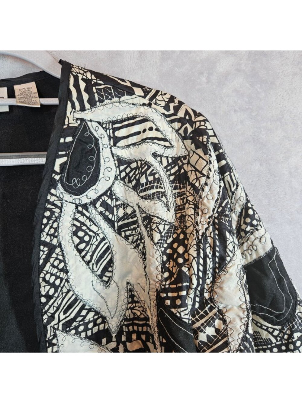Chicos Black White Embroidered Silk Jacket Womens XL Floral Career Office Boho - Picture 8 of 12